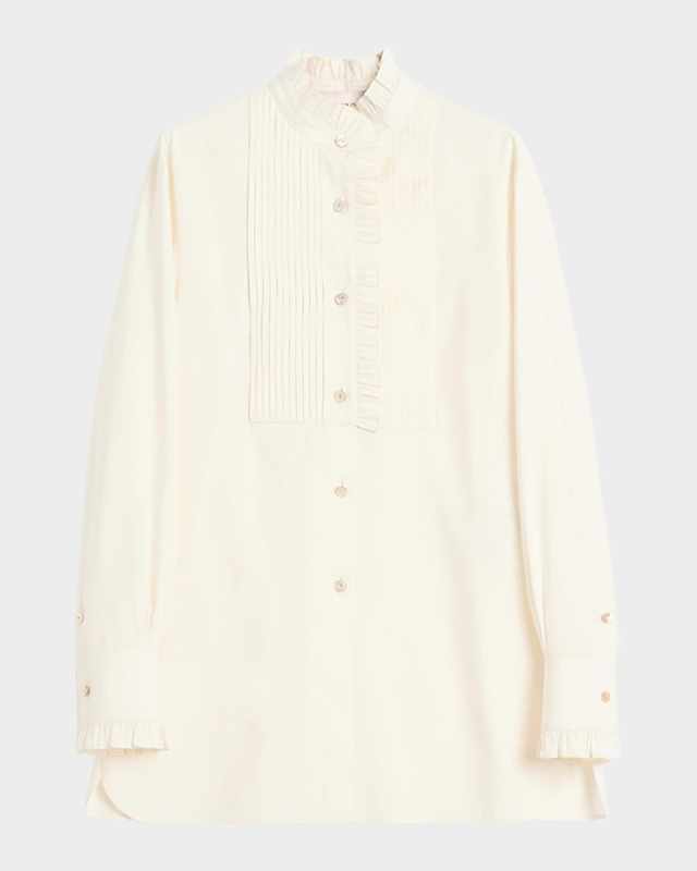 Pleated-Bib Ruffle Silk Shirt